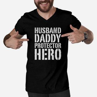 Mens Husband Daddy Protector Hero Fathers Day Shirt Men V-Neck Tshirt - Seseable
