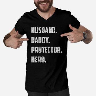 Mens Husband Daddy Protector Hero Gift Fathers Day Men V-Neck Tshirt - Seseable