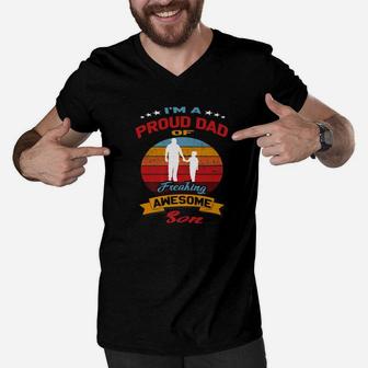 Mens Im A Proud Dad Of Freaking Awesome Son Daddy Gift Premium Men V-Neck Tshirt - Seseable