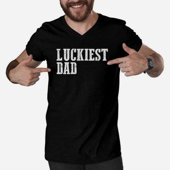 Mens Luckiest Dad St Patricks Day Funny Shirt Men V-Neck Tshirt - Seseable