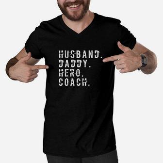 Mens Mens Husband Daddy Hero Coach Cool Father Dad Men V-Neck Tshirt - Seseable