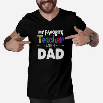Mens My Favorite Teacher Calls Me Dad Fathers Day Plaid Gift Premium Men V-Neck Tshirt - Seseable