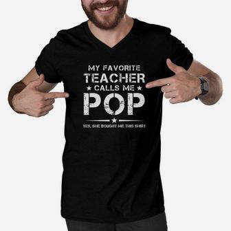 Mens My Favorite Teacher Calls Me Pop Fathers Day Gift Premium Men V-Neck Tshirt - Seseable