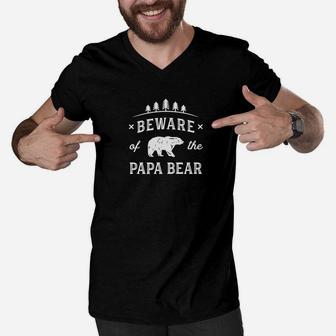 Mens Papa Bear Shirt Beware Gift Grandfather Dad Protect Men V-Neck Tshirt - Seseable