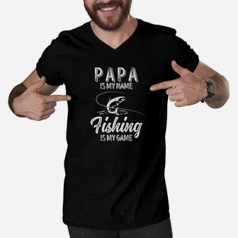 Mens Papa Is My Name Fishing Is My Game Shirt Men V-Neck Tshirt - Seseable