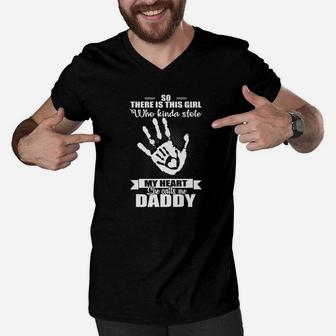 Mens There Is A Girl Who Stole My Heart She Calls Me Daddy Shirt Men V-Neck Tshirt - Seseable