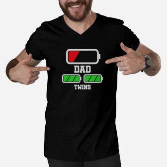 Mens Tired Dad Of Twins Battery Low Funny Full Charge Daddy Baby Premium Men V-Neck Tshirt - Seseable