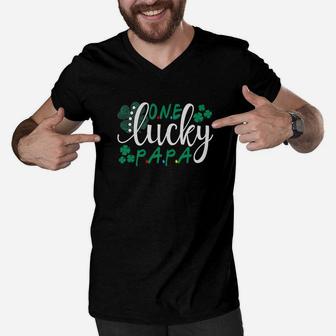 One Lucky Papa Shamrocks Happy St Patrick Day Irish Men V-Neck Tshirt - Seseable