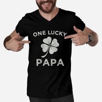 One Lucky Papa St Patricks Day Retro Father Gift Men V-Neck Tshirt - Seseable