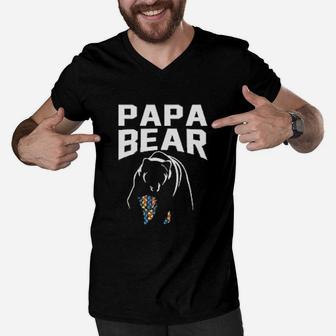 Papa Bear Father Colorful Puzzle Men V-Neck Tshirt - Seseable