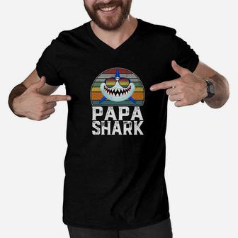 Papa Shark Funny Shark Shirt Men V-Neck Tshirt - Seseable