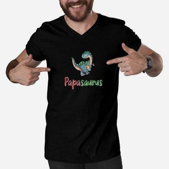 Papasaurus Cute Father Or Papa Dino Watercolor Men V-Neck Tshirt - Seseable