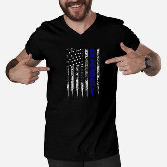 Police Daddy Blue Line Gift Fathers Day Distressed Men V-Neck Tshirt - Seseable
