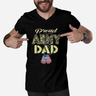 Proud Army Dad Us Flag Camo Dog Tags Pride Military Father Men V-Neck Tshirt - Seseable