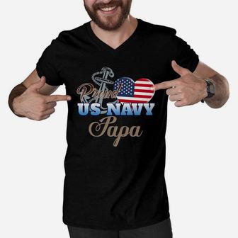 Proud Us Navy Papa Shirt Navy Papa Patriotic Heart Men V-Neck Tshirt - Seseable