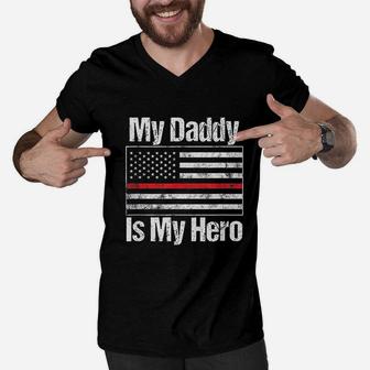 Red Line Firefighter My Daddy Is My Hero Men V-Neck Tshirt - Seseable