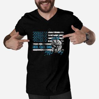 Reel Cool Dad Fishing Father Day American Flag Shirt Men V-Neck Tshirt - Seseable