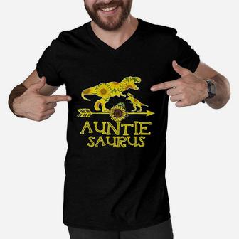 Sunflower Auntiesaurus Fathers Day Gifts Auntie Sauru Men V-Neck Tshirt - Seseable