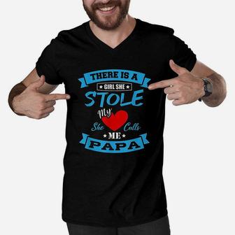 There Is A Girl Who Stole My Heart She Calls Me Papa Daddy Men V-Neck Tshirt - Seseable