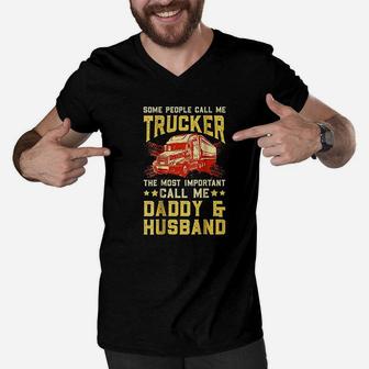 Truck Driver Husband Daddy Truckers Wife Gift Men V-Neck Tshirt - Seseable
