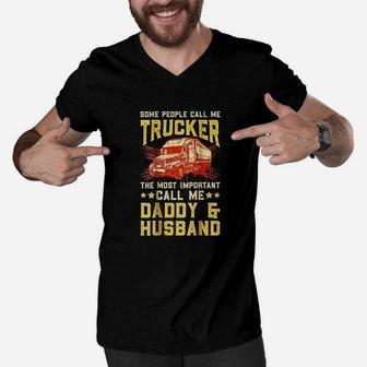Truck Driver Husband Daddy Truckers Wife Men V-Neck Tshirt - Seseable