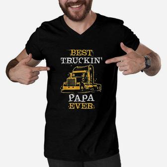 Trucking Papa Slogan Semi Big Rig Truck Driver Dad Saying Men V-Neck Tshirt - Seseable