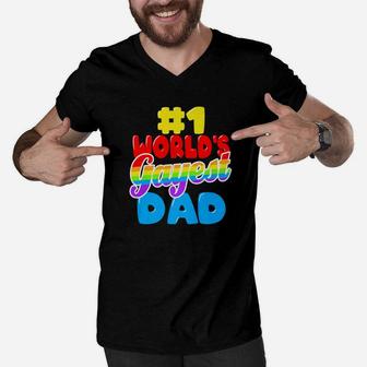 Worlds Gayest Dad Funny Gay Pride Lgbt Fathers Day Gift Premium Men V-Neck Tshirt - Seseable