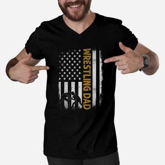 Wrestling Dad American Flag 4th Of July Fathers Day Men V-Neck Tshirt - Seseable