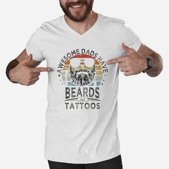 Awesome Dads Have Beards And Tattoos Funny Bearded Dad Men V-Neck Tshirt - Seseable