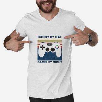 Daddy By Day Gamer By Night Funny Video Game Men V-Neck Tshirt - Seseable