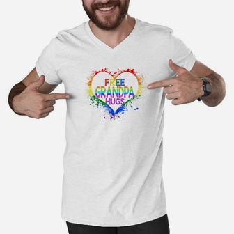 Free Grandpa Hugs Lgbt Heart Gay Flag Father Day Gift Premium Men V-Neck Tshirt - Seseable