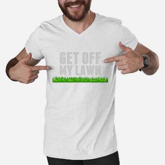 Get Off My Lawn Shirt Grumpy Old Man Fathers Day Dad Gift Men V-Neck Tshirt - Seseable