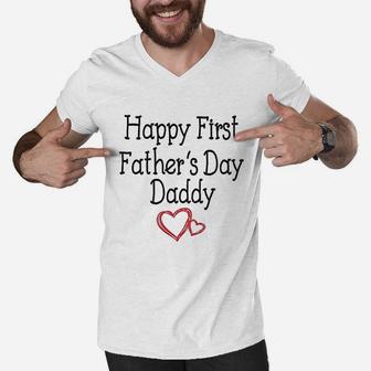 Happy First Fathers Day Daddy Gift For New Dads Men V-Neck Tshirt - Seseable