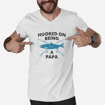 Hooked On Being A Papa Shirt Dad Fishing Shirt Men V-Neck Tshirt - Seseable