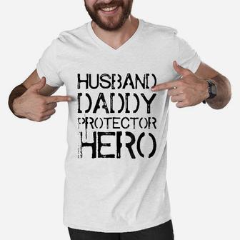 Husband Daddy Protector Hero Dad Men V-Neck Tshirt - Seseable
