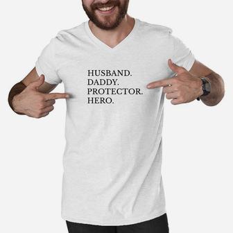 Husband Daddy Protector Hero Funny Best Dad Gift Men V-Neck Tshirt - Seseable