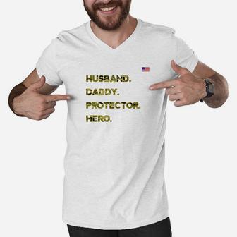 Husband Daddy Protector Hero Shirt Military Veteran Dad Gift Men V-Neck Tshirt - Seseable