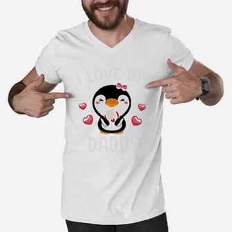 I Love My Daddy With Cute Penguin And Hearts Men V-Neck Tshirt - Seseable