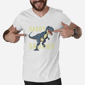 Kids Funny Daddysaurus Shirt Dinosaur First Time Dad Men V-Neck Tshirt - Seseable