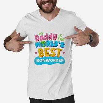 Kids My Best Daddy Dad Ironworker Proud Daughter Son Kid Men V-Neck Tshirt - Seseable