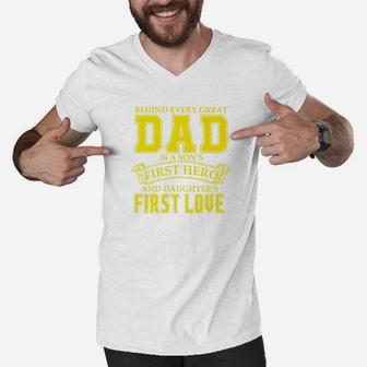 Mens Dad A Sons Hero A Daughters First Love Fathers Day Premium Men V-Neck Tshirt - Seseable
