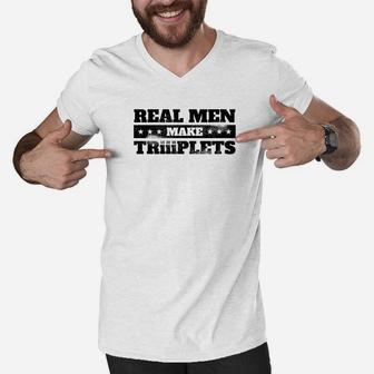 Mens Dad Of Triplets Fathers Day Three Babies Premium Men V-Neck Tshirt - Seseable