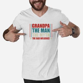 Mens Grandpa Man Myth Bad Influence Funny Fathers Day Gift Premium Men V-Neck Tshirt - Seseable