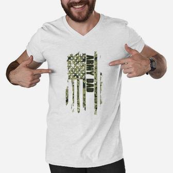 Mens Proud Army Dad Camouflage United States Usa Flag Father Shirt Men V-Neck Tshirt - Seseable