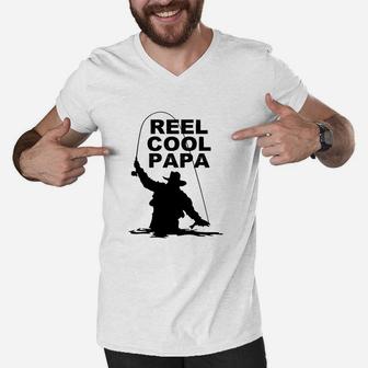 Mens Reel Cool Papa Cool Fishing Dad Shirt Funny Fathers Day Gift Men V-Neck Tshirt - Seseable