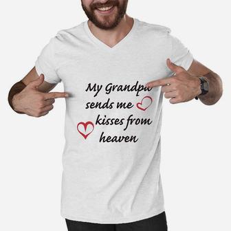 My Grandpa Sends Me Kisses From Heaven Grandfather Men V-Neck Tshirt - Seseable