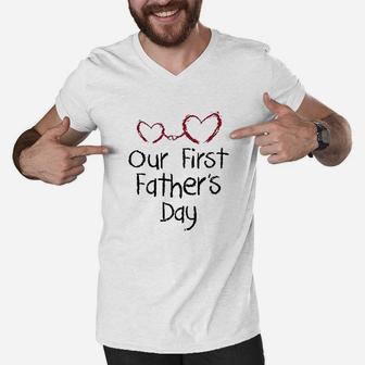 Our First Fathers Day Dad Baby Matching Set Men V-Neck Tshirt - Seseable