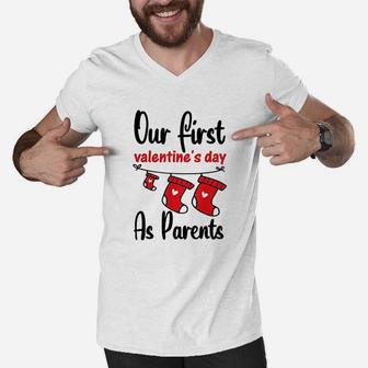 Our First Valentines Day As Parents New Dad Mom Gift Men V-Neck Tshirt - Seseable
