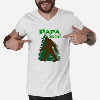 Papa Squatch Walking Through The Pine Forest Men V-Neck Tshirt - Seseable