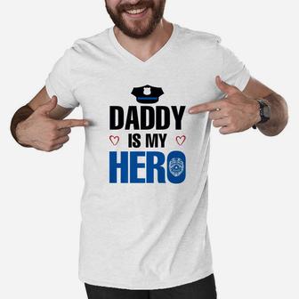 Police Daddy Is My Hero For Kids Men V-Neck Tshirt - Seseable